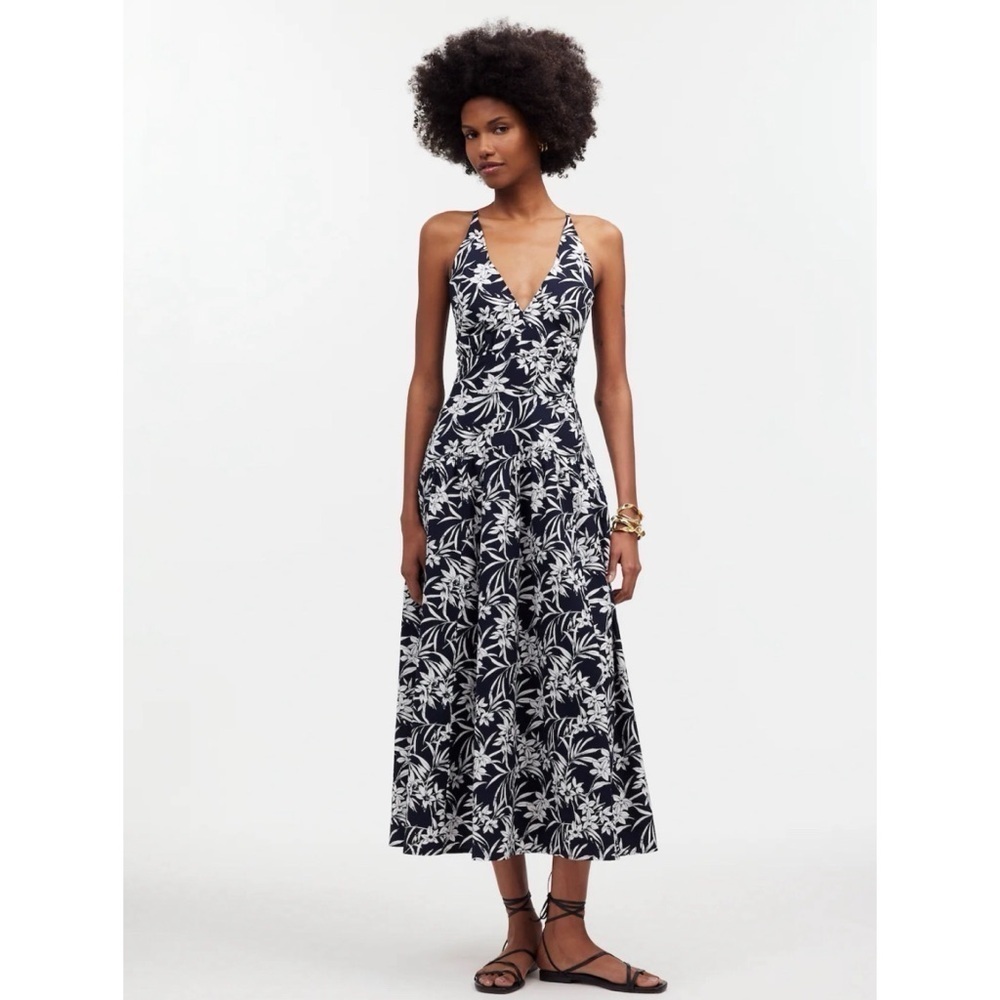 Madewell NEW!! Deep Indigo Print Smocked Halter Midi Dress in Poplin Size 4
